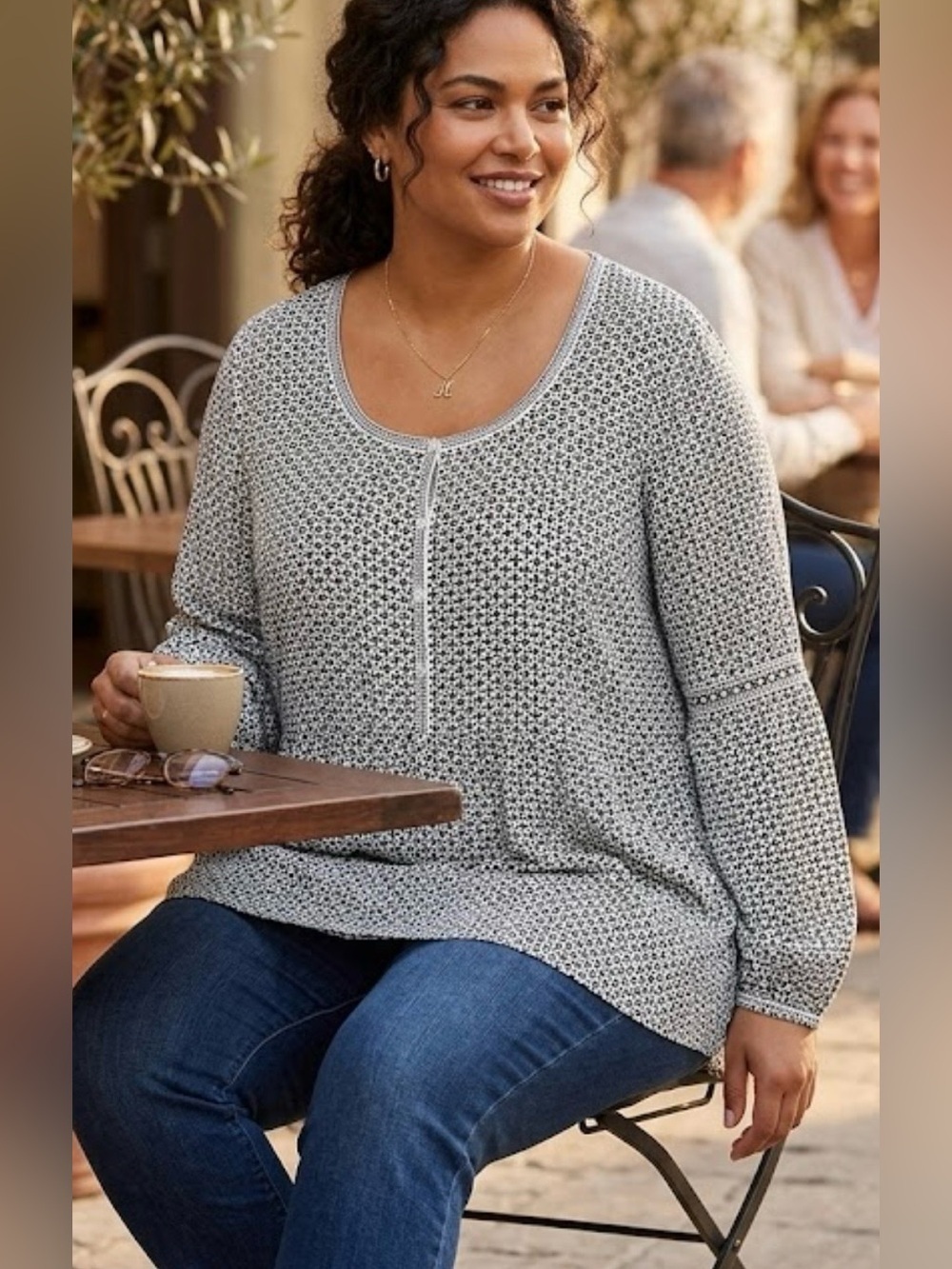 Max Studio Blouse Black White Long Puff Sleeve Button Scoop Neck Relaxed, NEW